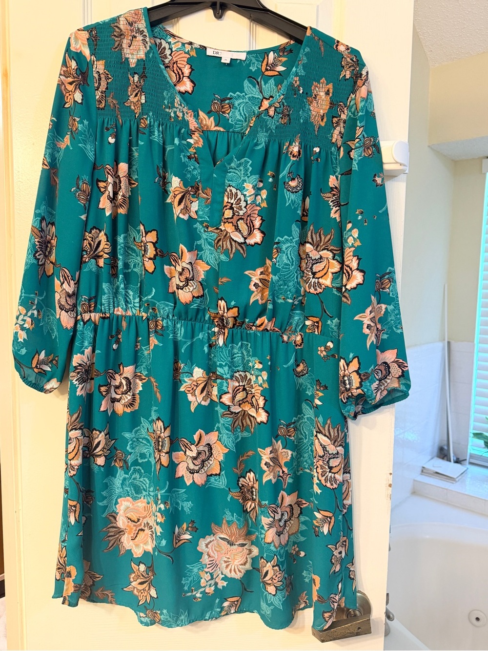 DR2 Teal Floral V-Neck Smocked Waist Long Sleeve Dress